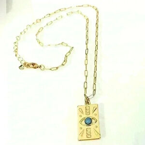 Rectangle Eye Necklace Faux Gold, Small Turquoise Colored Stone, Faux Diamonds
